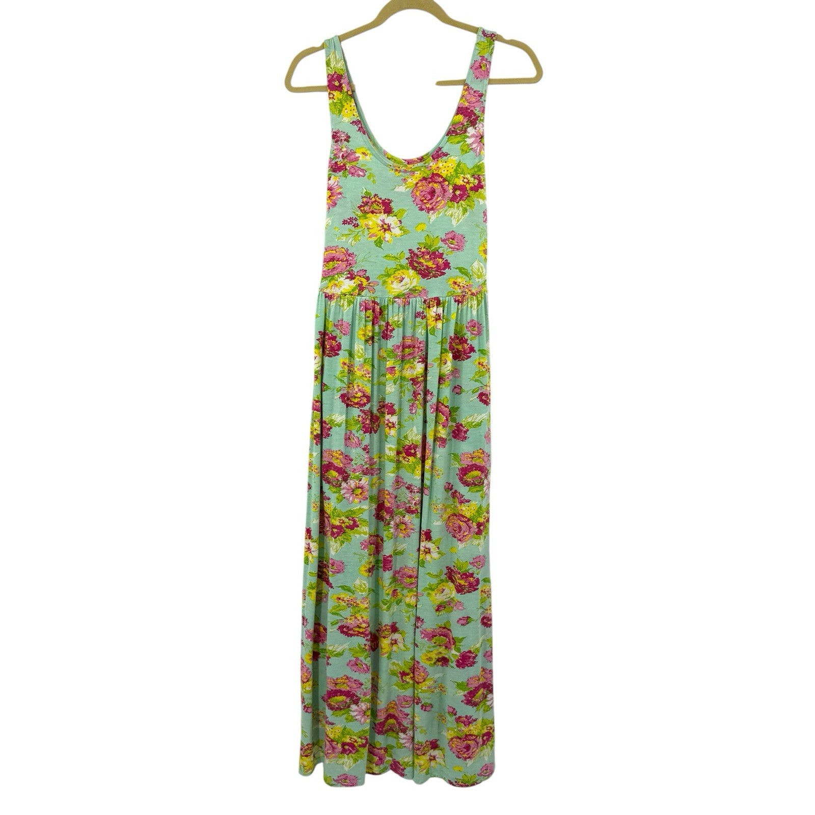 April Cornell Dress Sz M Aqua Floral Island Flower Jersey Maxi Sundress Cottage