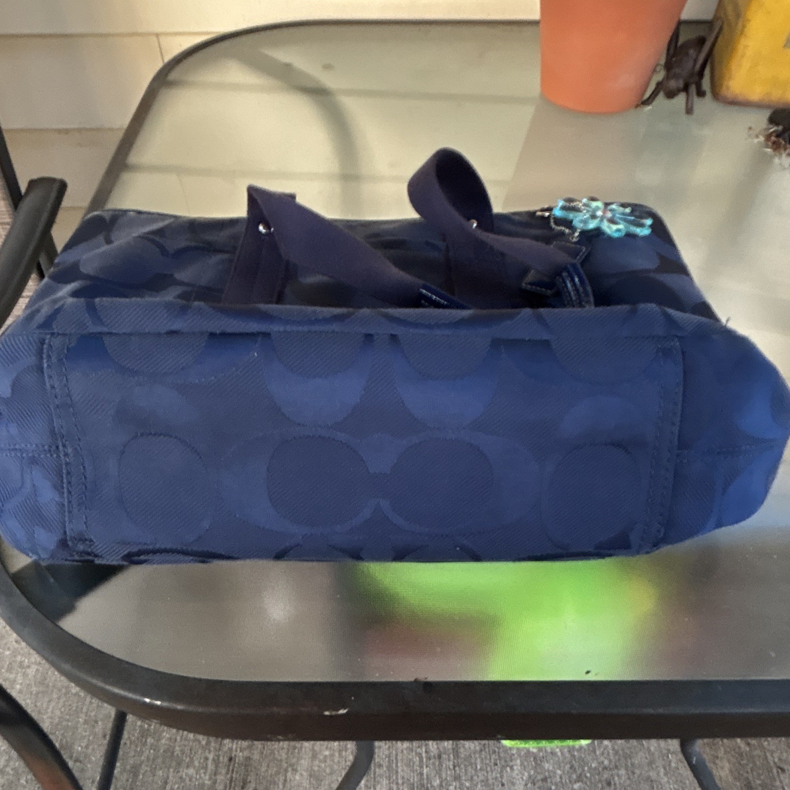 Coach Blue Signature Logo Zip Top Tote Bag w/ Charm, Lined Inner Pockets