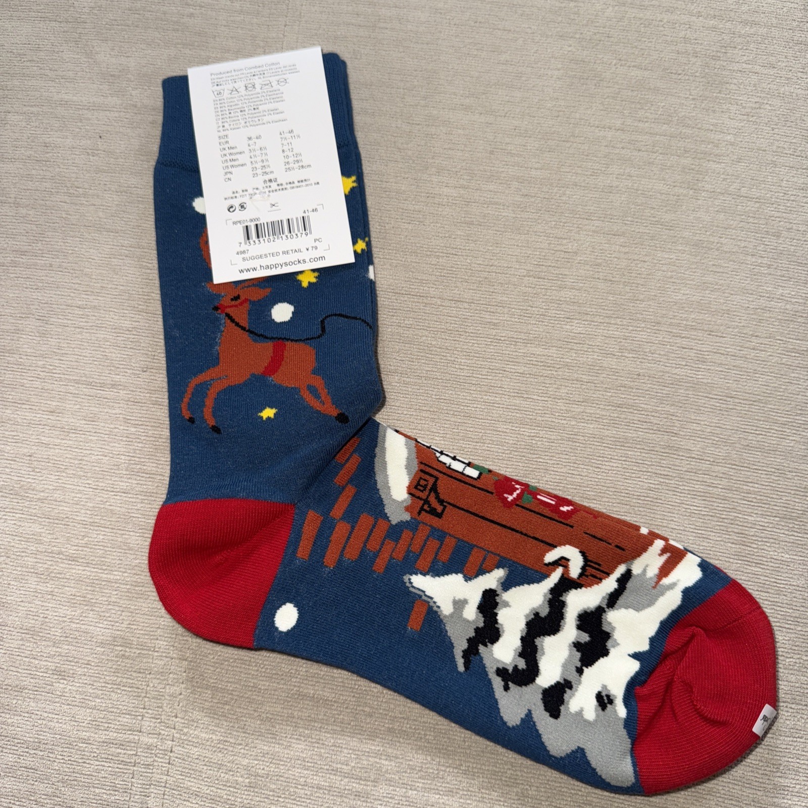 Happy Socks Men’s/Unisex Classic Crew Socks, Christmas Reindeer Socks Size 8-12