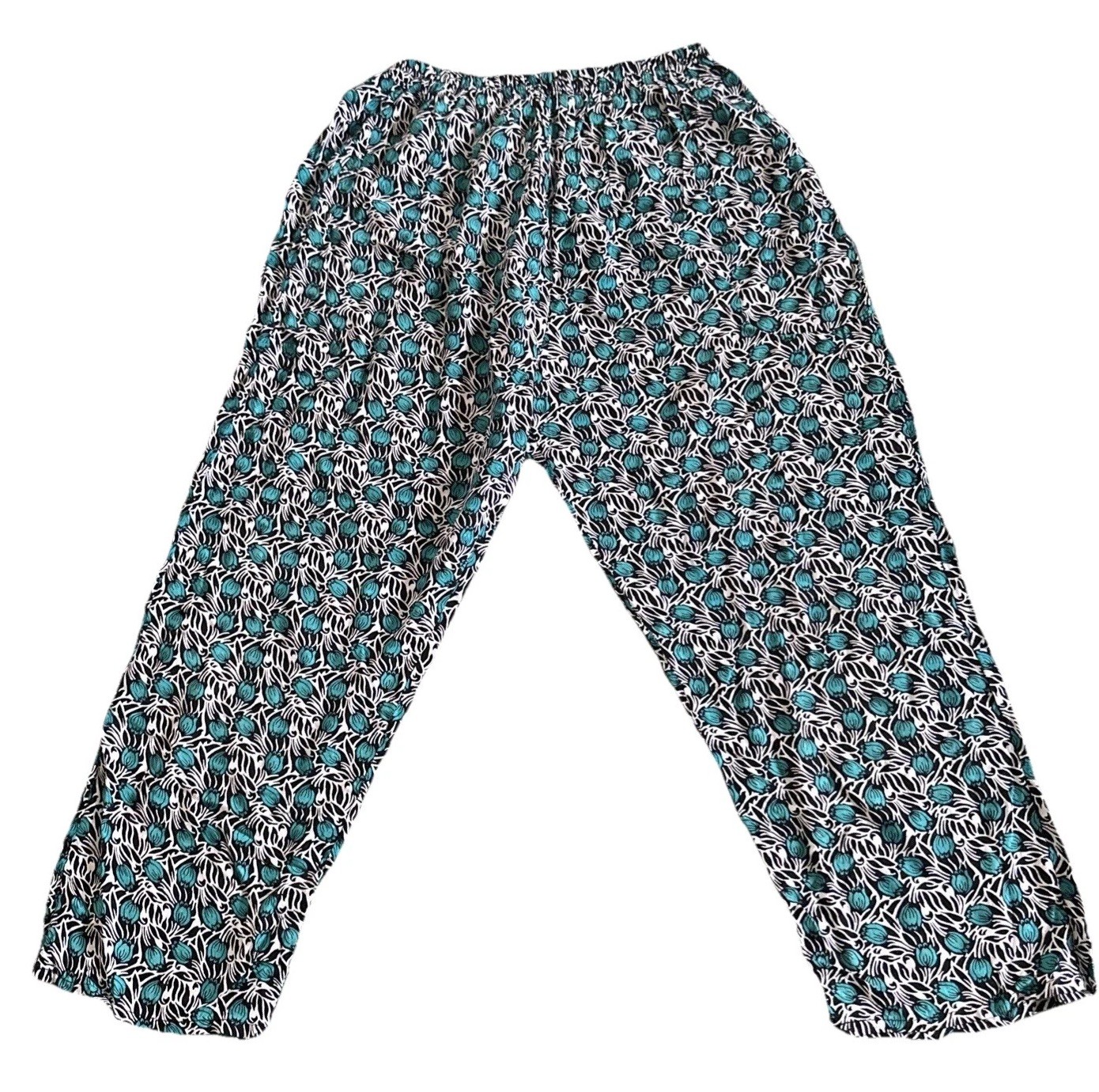 Capri Pants Womens M Teal Blue Tulips Soft Cooling Lounge Casual Travel