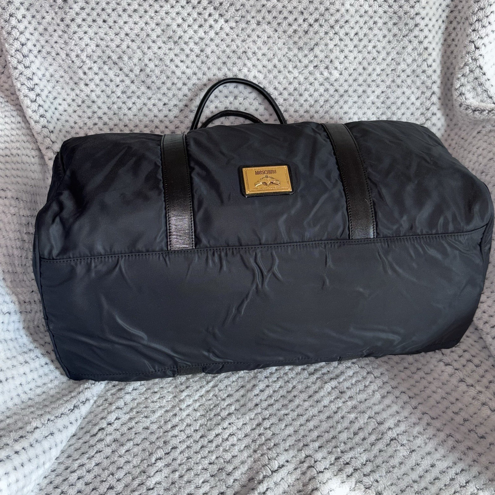 Moschino Redwall Italy Black Nylon Leather Block Leather Duffle Tote Bag “READ”