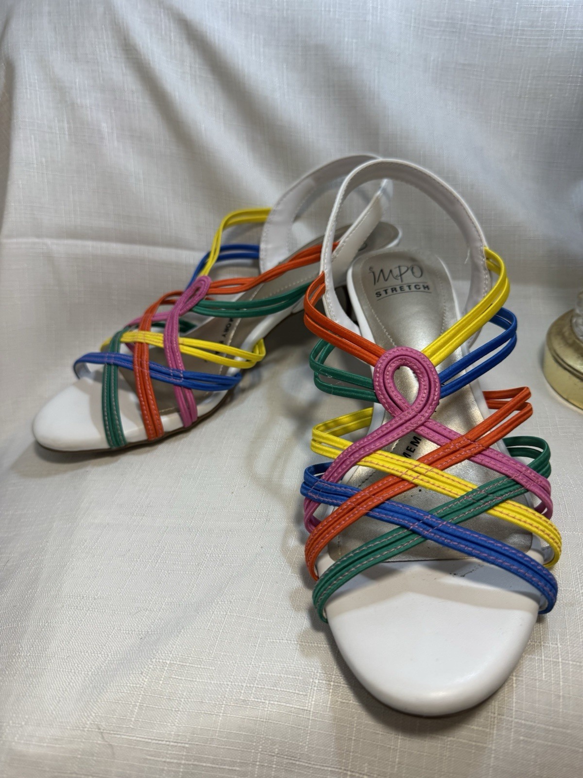 IMPO Stretch Memory Foam Heels Sz 9M, White With Multi Color Straps