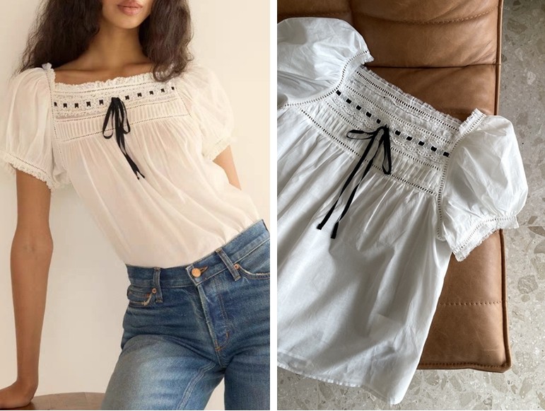 Women Doen Square Neck Lace Short Sleeve Loose Blouse Top