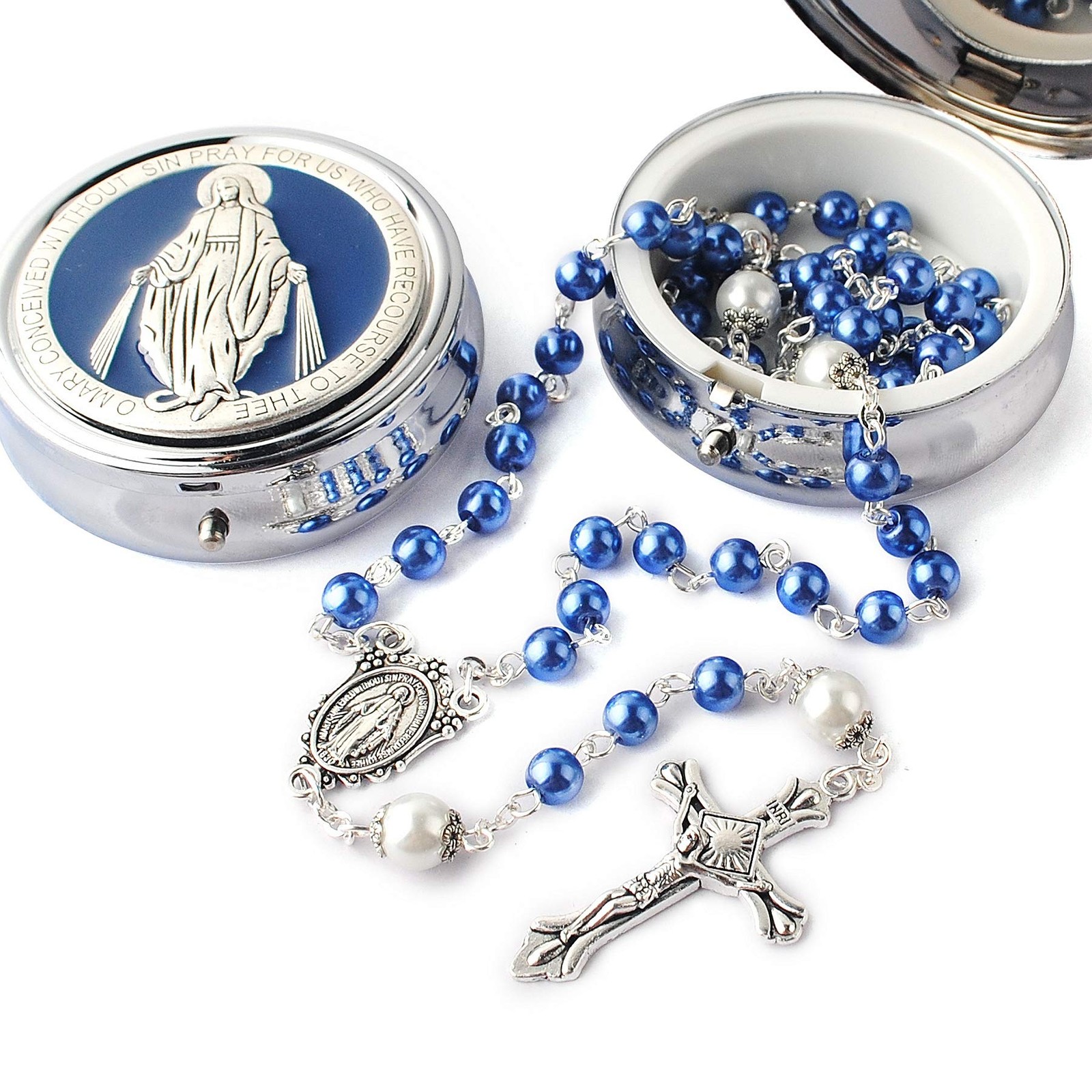 HanlinCC 6mm Glass 53cm (20.8 inches), Blue Rosary with Miraculous Gift Box