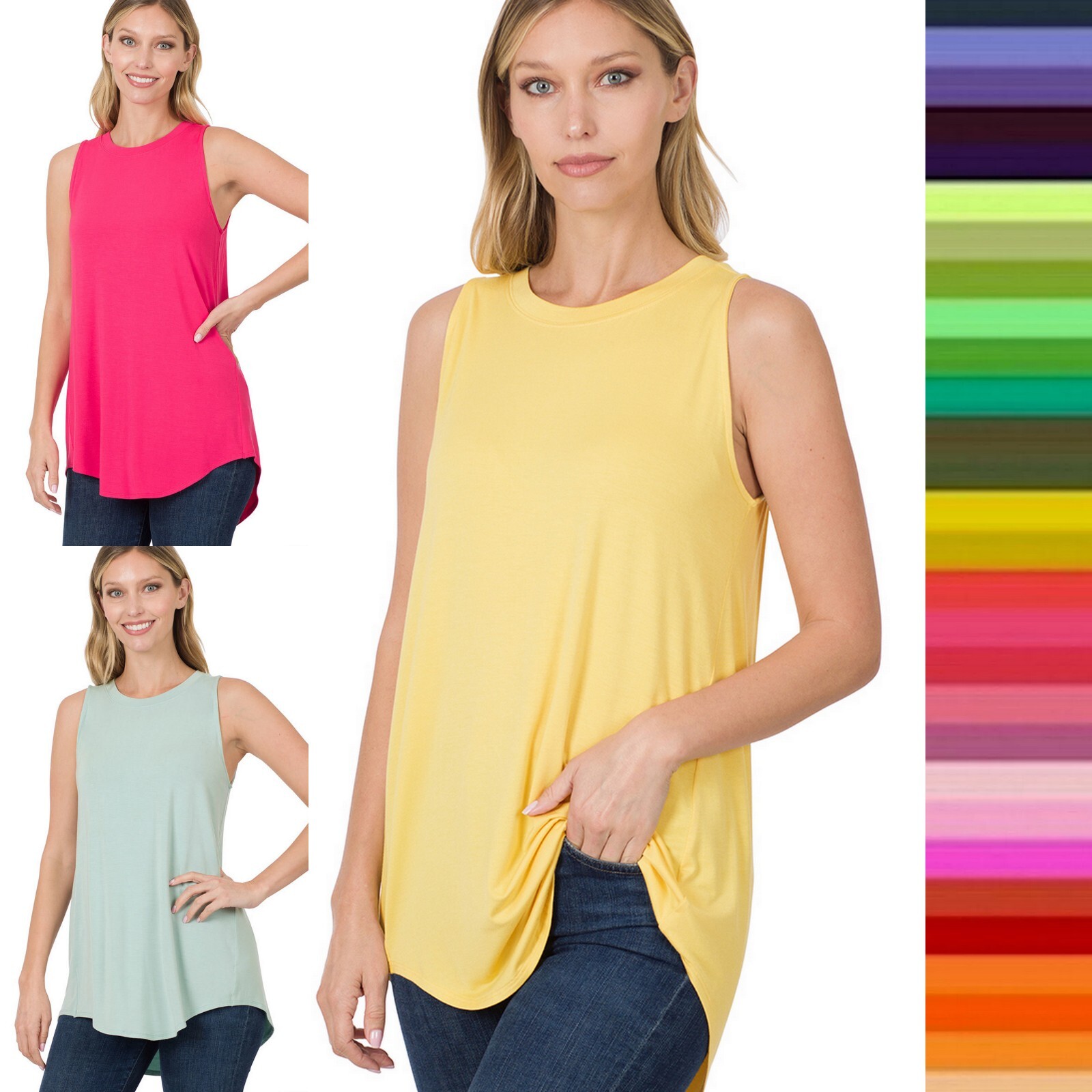 Women’s Round Crew Neck Sleeveless Long Tank Top Round Hem Luxe Rayon Tunic