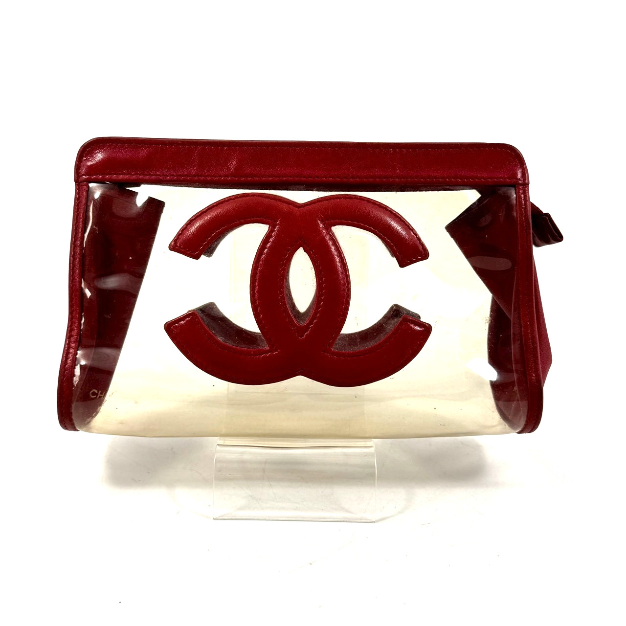 CHANEL Clear Pouch Red Leather Vinyl Authentic From Japan