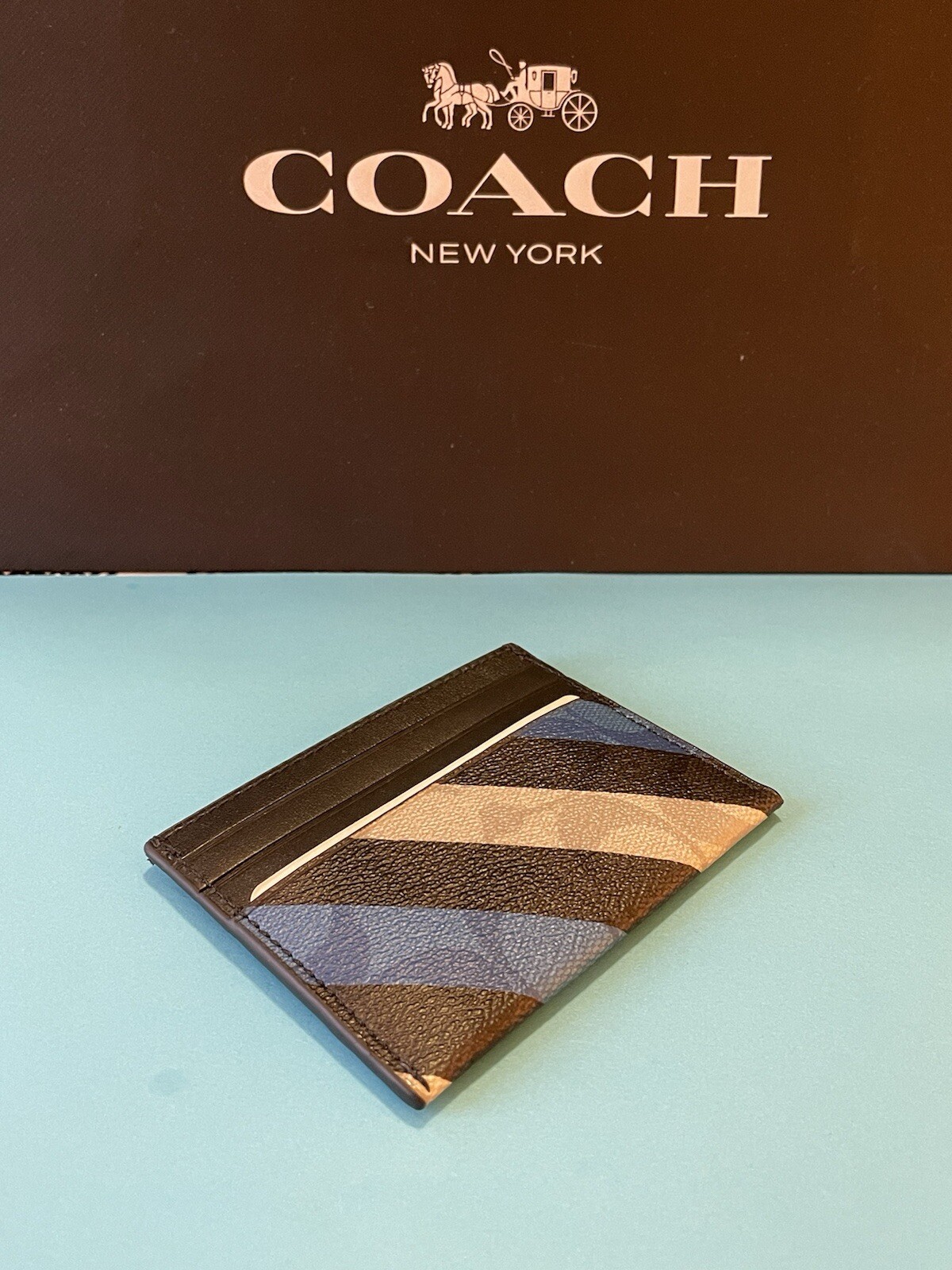 NWT Coach Slim Card Case With Diagonal Stripe Print Blue/Multi
