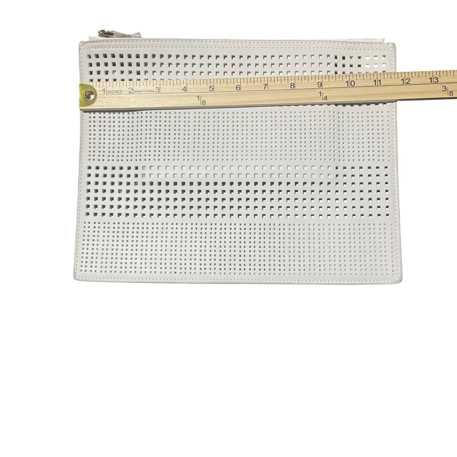 Deux Lux Cream Vegan Leather Perforated Laser Cut Zip Top Clutch Bag Pouch