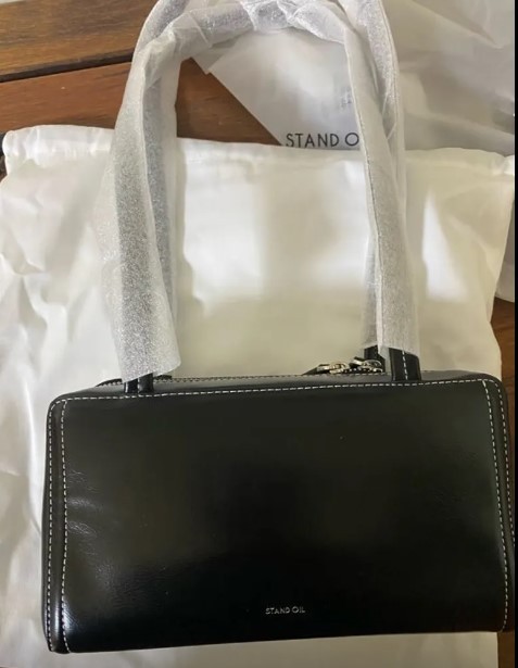 STAND OIL Post Bag Stitch Black Vegan Leather Shoulder Bag K-Fashion