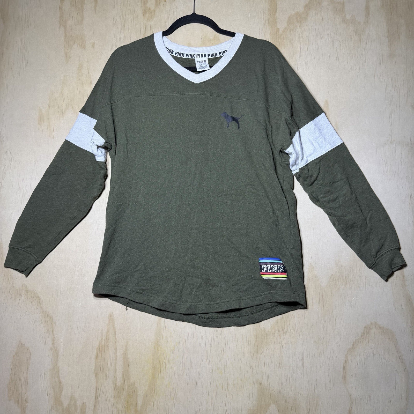PINK Victoria’s Secret Olive Green Long Sleeve V Neck Top Rainbow Logo S