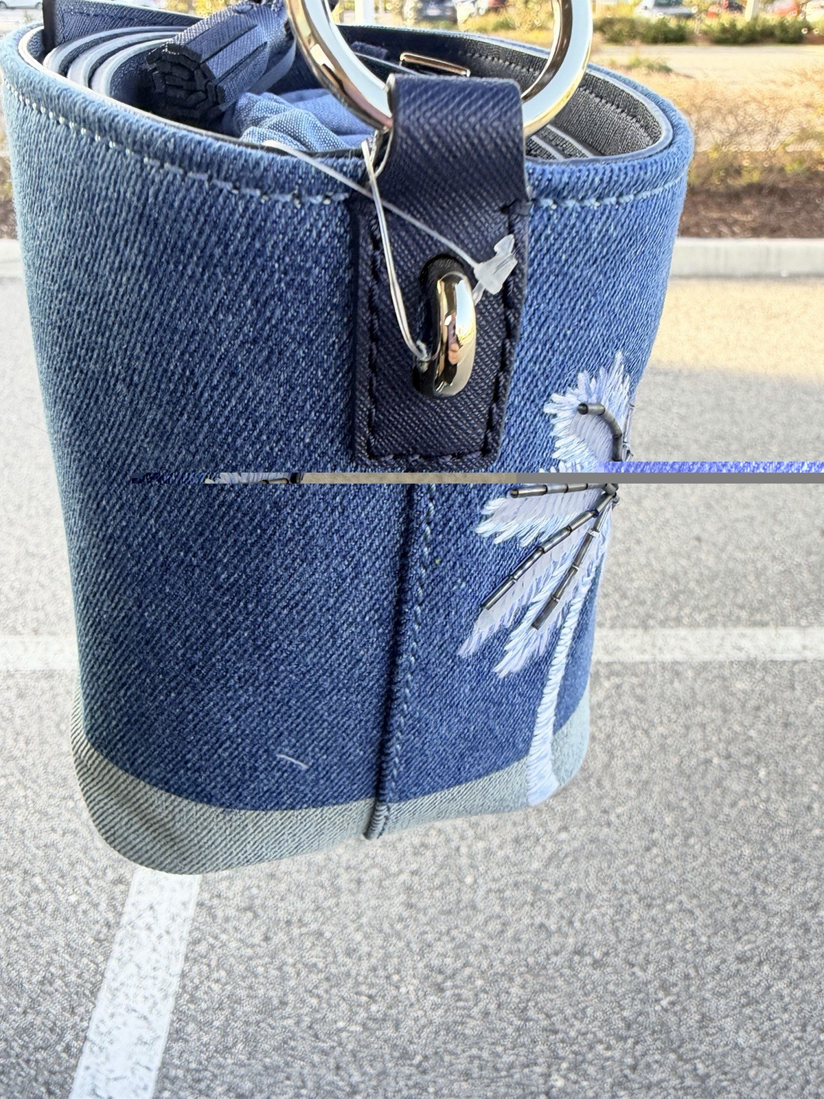KATE SPADE Blue CALIFORNIA DREAMING Denim Pippa BUCKET BAG Sequin PALM TREES New