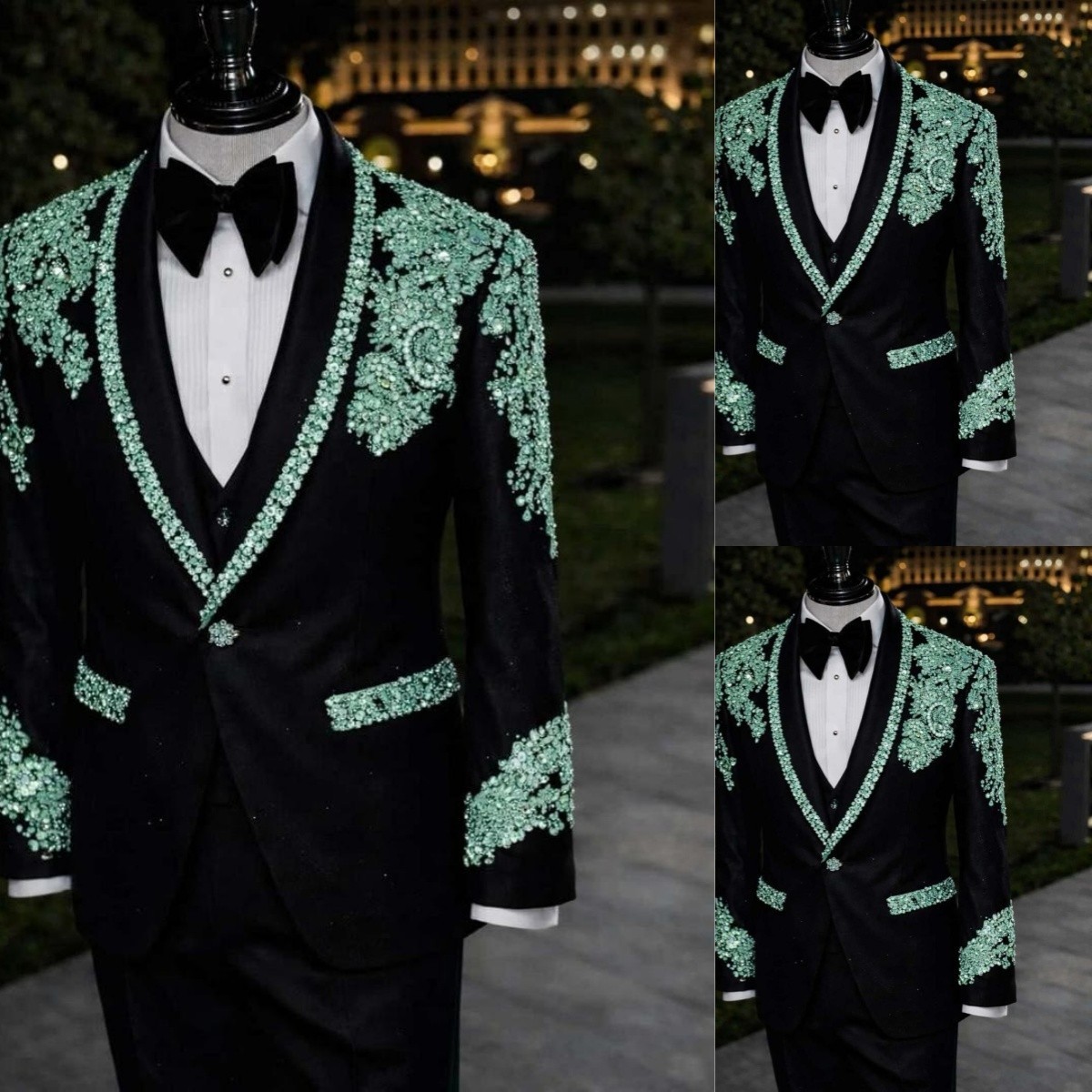 Luxury Beading Green Diamond Suits for Men Black 2Pcs Graduation Party Coat