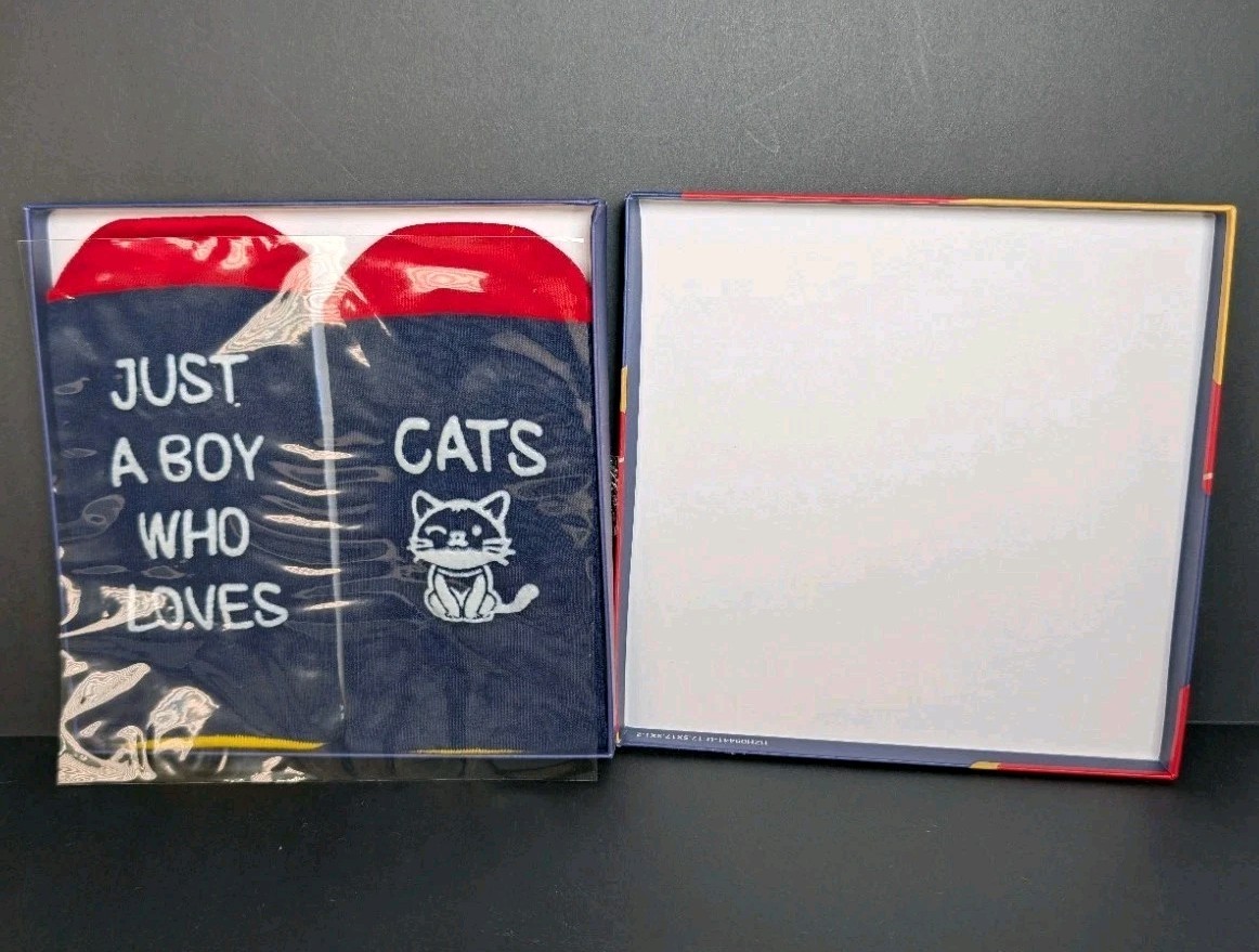 Happypop Funny Just A Boy Who Loves Cats Socks Gift Box NIB Birthday Youth XL