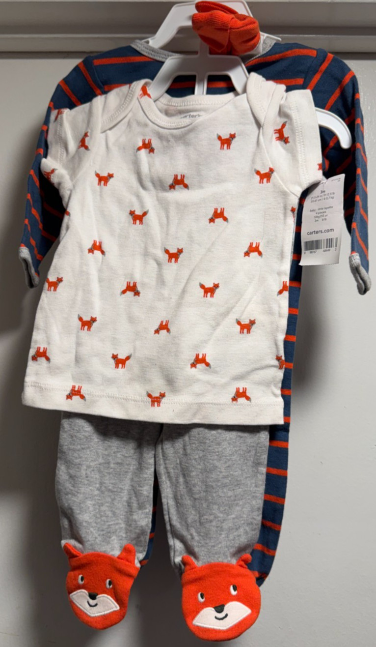 NWT Carters 3 Month Baby 4 Piece Set Pants Shirt Sleeper Hat Orange Blue Fox