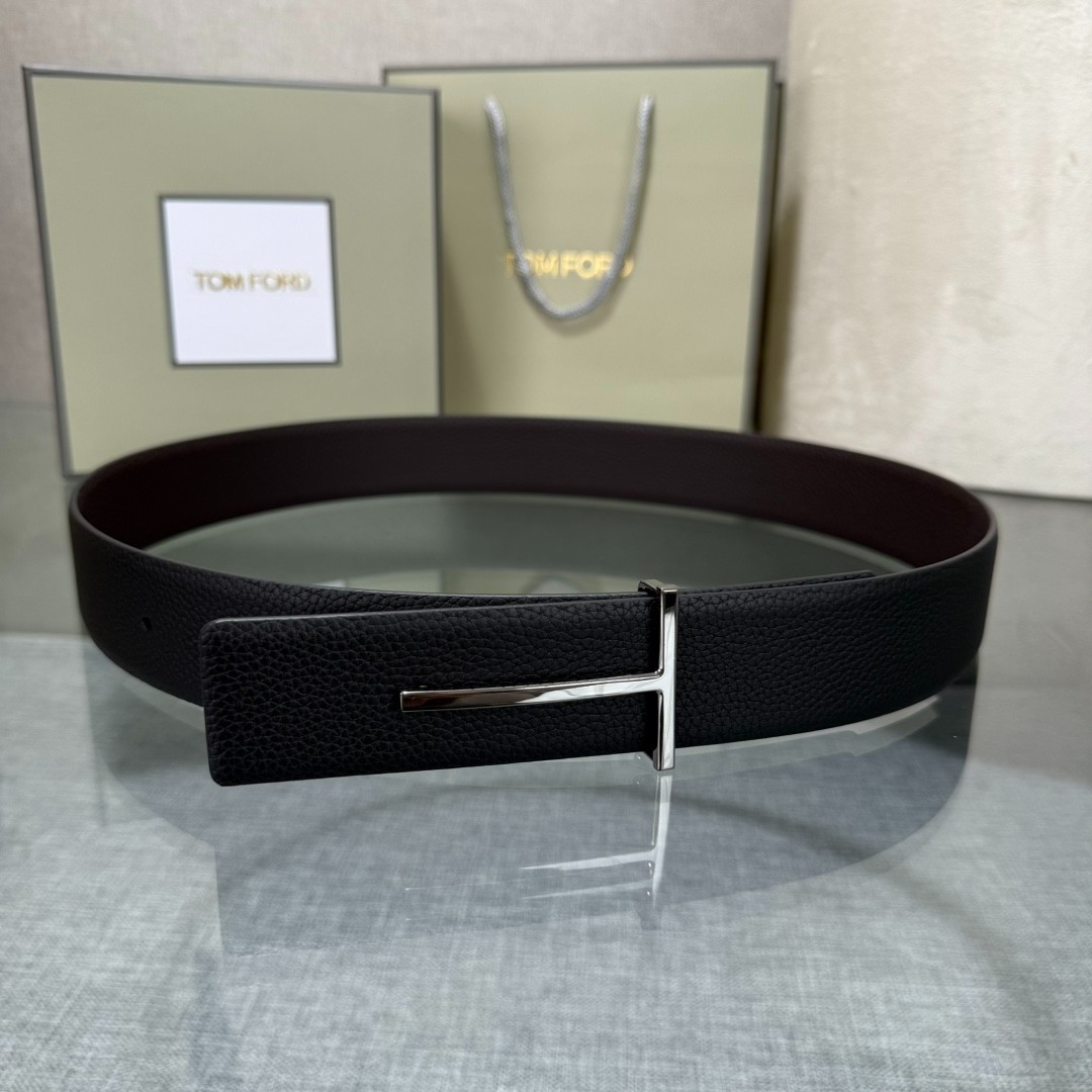 Tom Ford Belt Reversible T-Buckle Black/Brown Calfskin Leather Belt