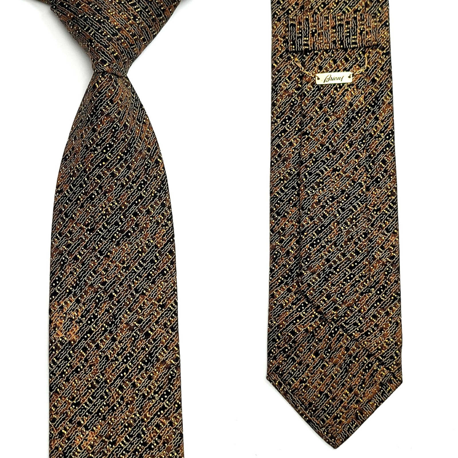 Brioni Black Brown Yellow Dot Geometric Artistic Designer NeckTie 3.5″ Wide #148