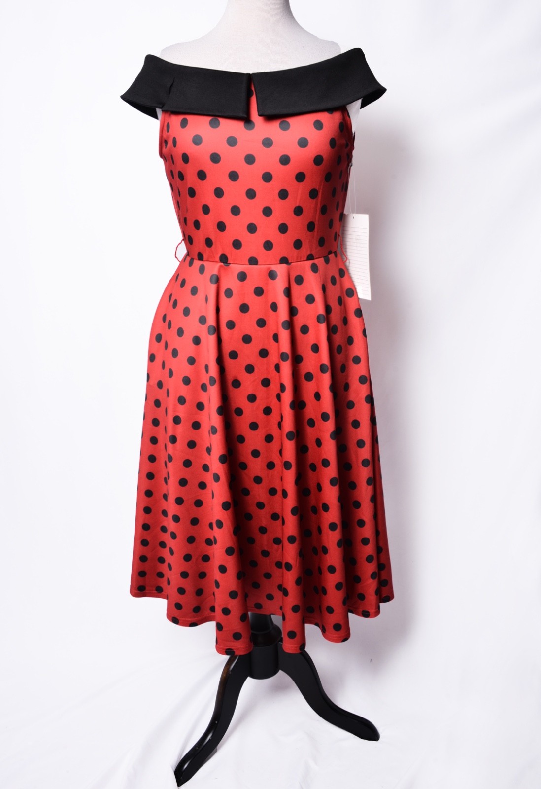 UNIQUE VINTAGE RED & BLACK DOT OFF THE SHOULDER SWING DRESS – NEW – REG & PLUS