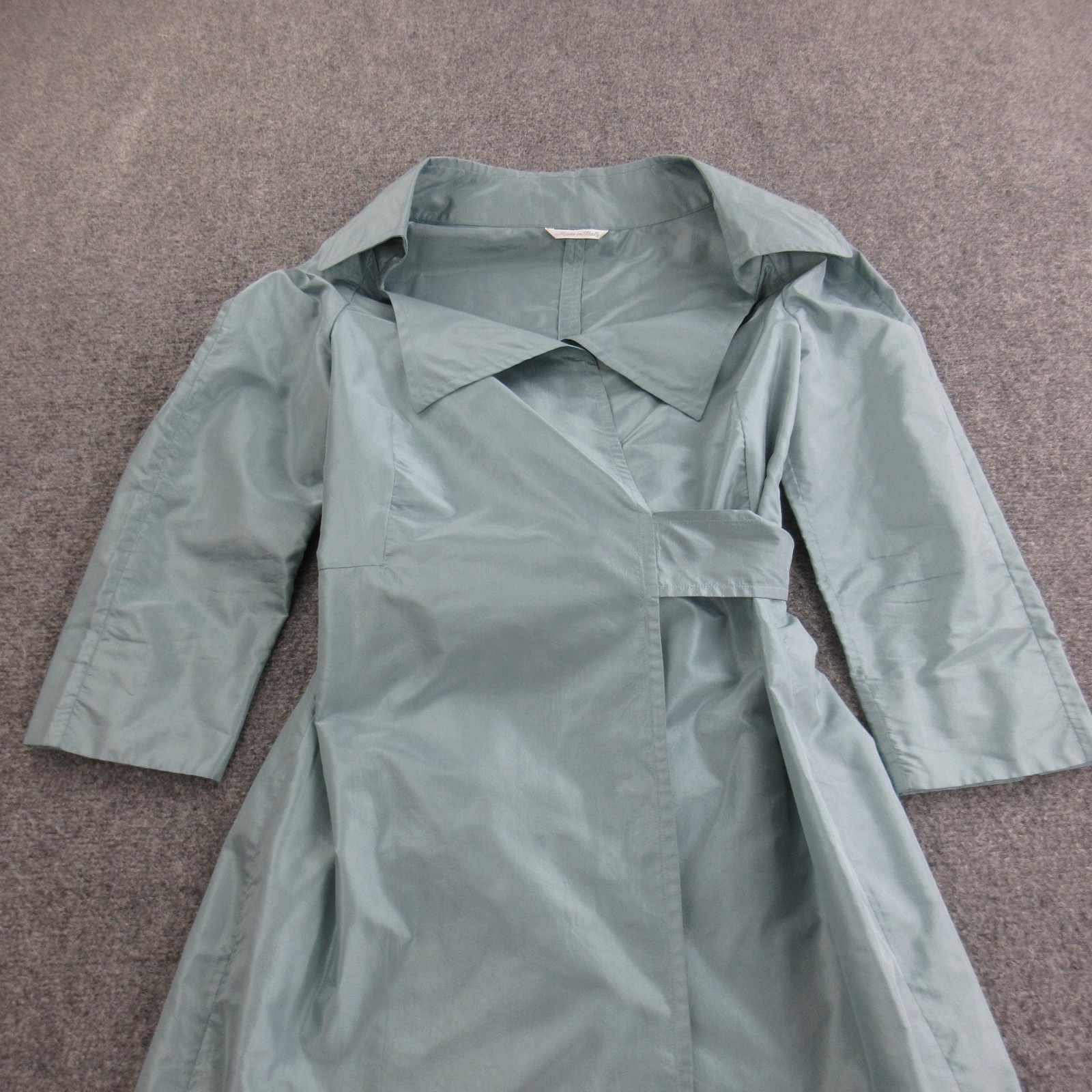Max Mara Coat Womens 8 Green Silk Taffeta Trench Belted Tie 3/4 Sleeve Italy