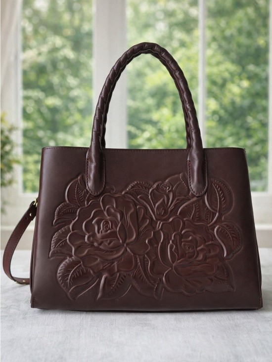 Patricia Nash Genovese Leath Top Handle Crossbody Rose Tooled Chocolate Handbag