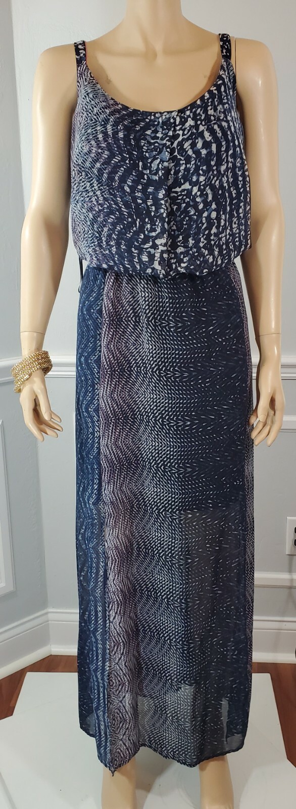 ABS Allen Schwartz Chic Resort Maxi Dress 16 Blue Geometric Sheer Overlay $328
