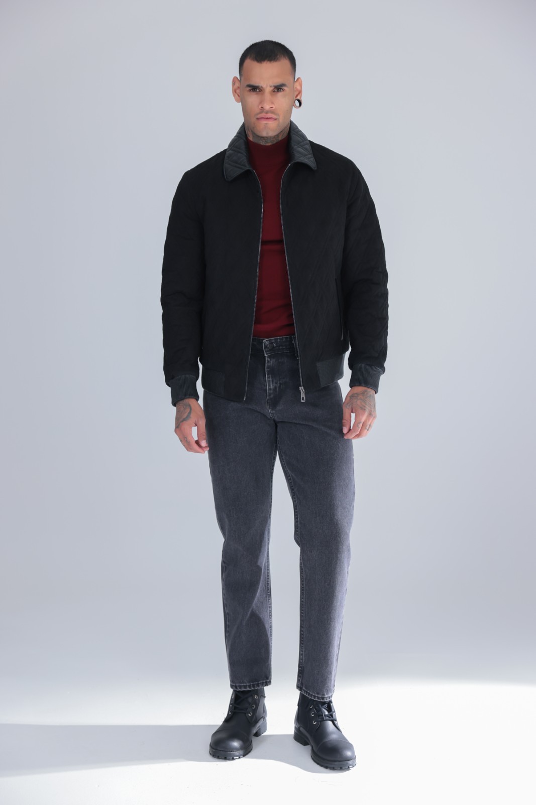 Men’s Genuine Suede Leather Bomber Jacket Black Rib Knit Zip 26″ – 65cm