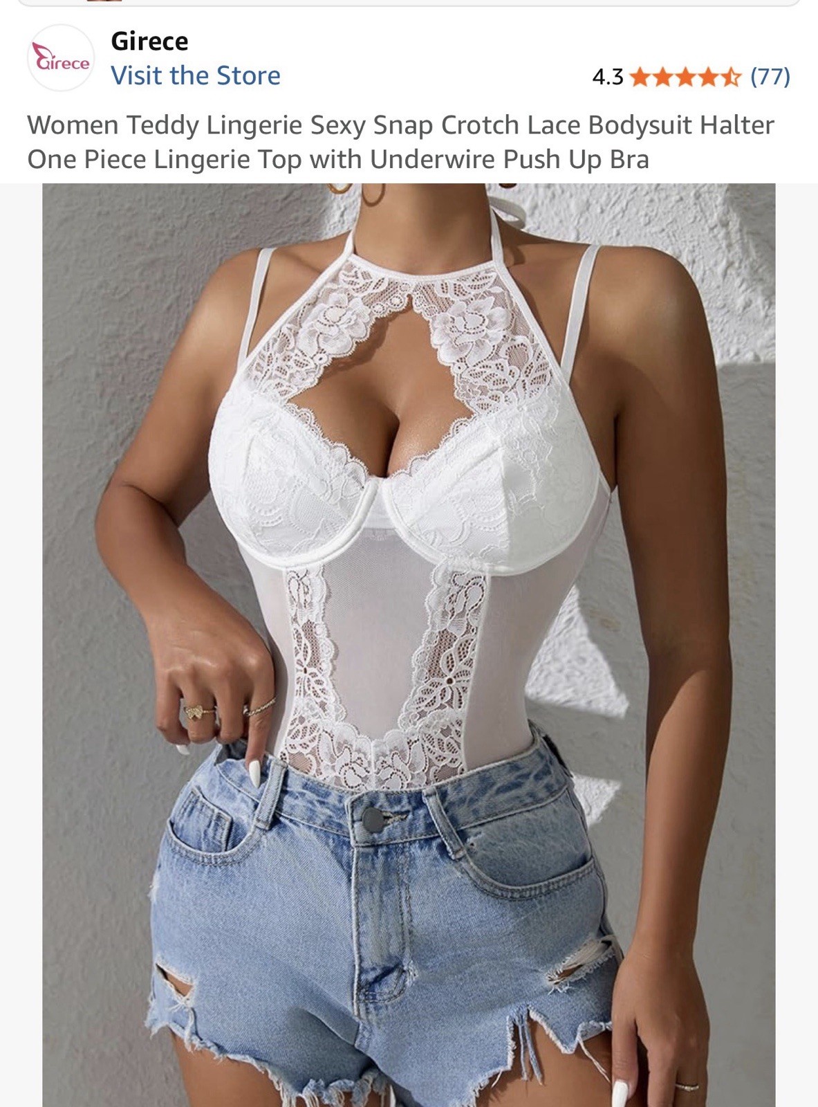 Girece Women’s White Halter Underwired Lace Mesh Bodysuit Floral S One Piece