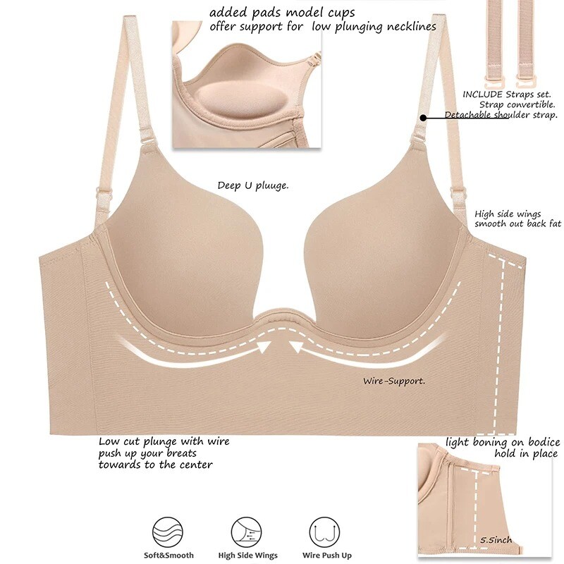 Push Up Bra Backless Women Low Cut Plunge Invisible Seamless Deep U Lingerie Hot