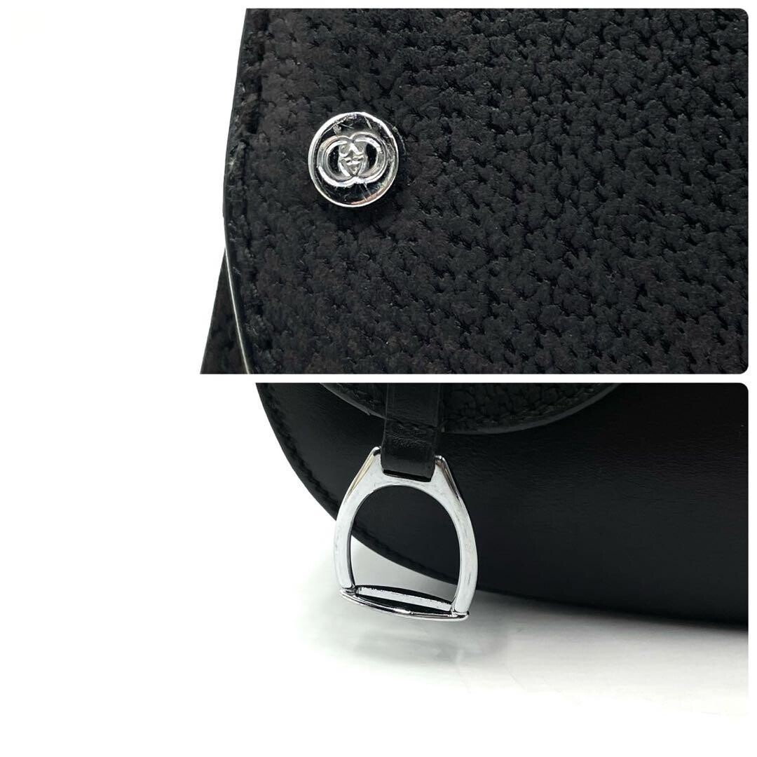 Gucci Vintage Interlocking GG Saddle Shoulder Bag Black Leather Suede Auth