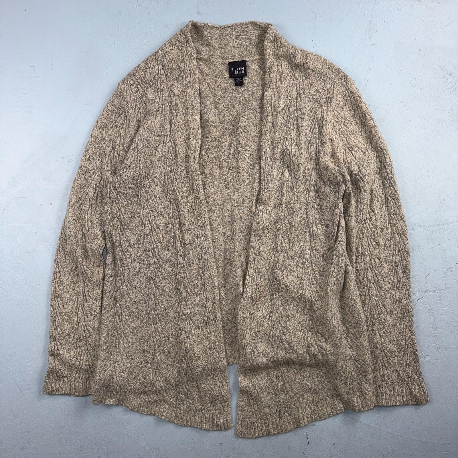 Eileen Fisher Womens Cardigan Sz Large Beige Black Loose Knit Linen Wool