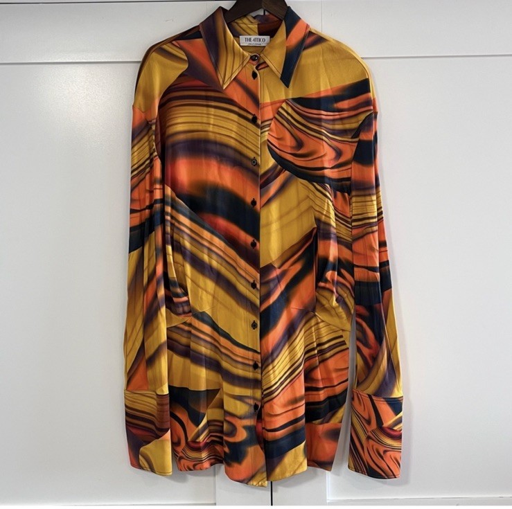 THE ATTICO SILVYE Orange Abstract Knit Mini Shirt Dress 46