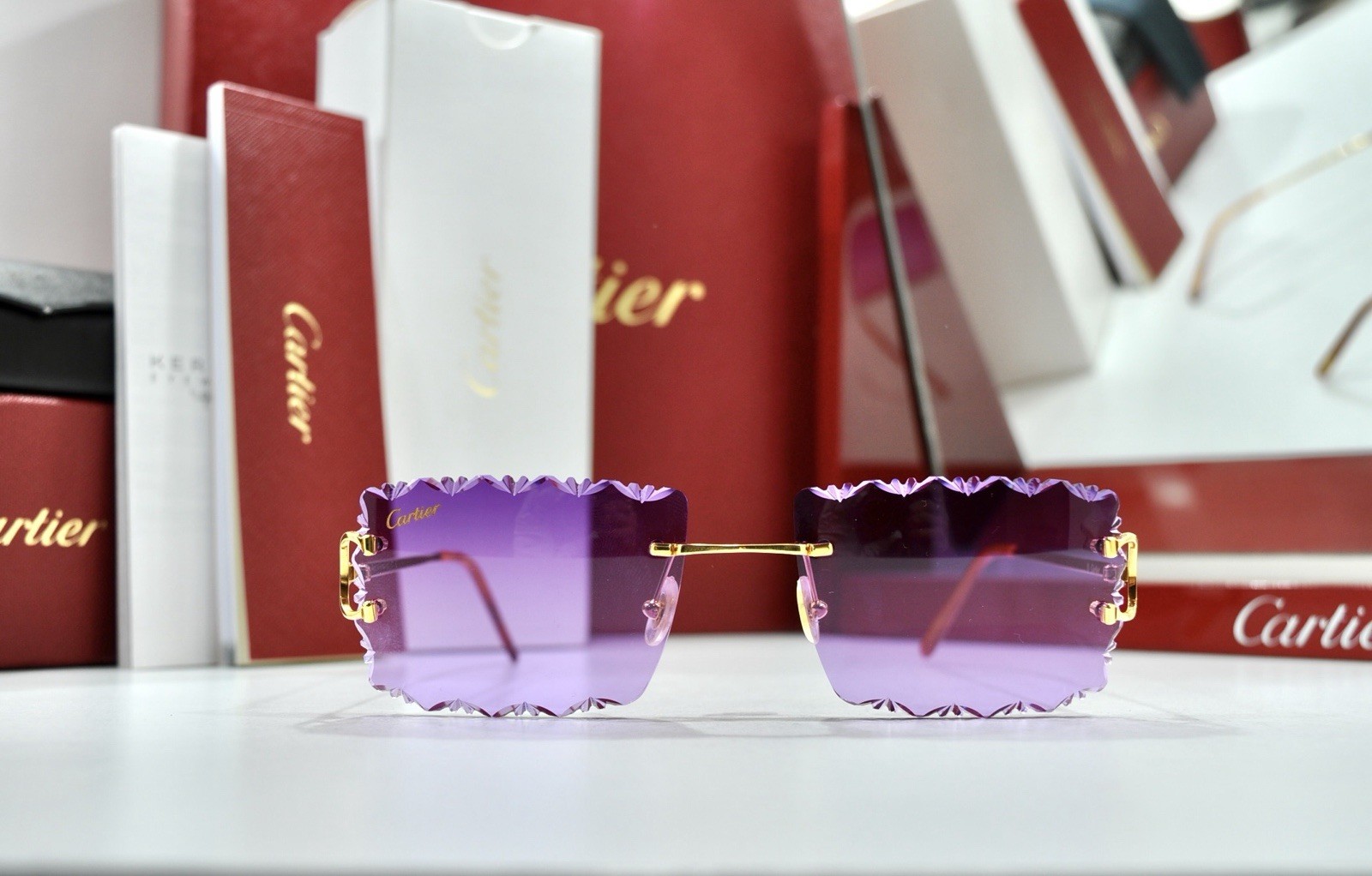 Cartier rimless sunglasses piccadilly glasses Diamond Cut decor BIG C gold Frame