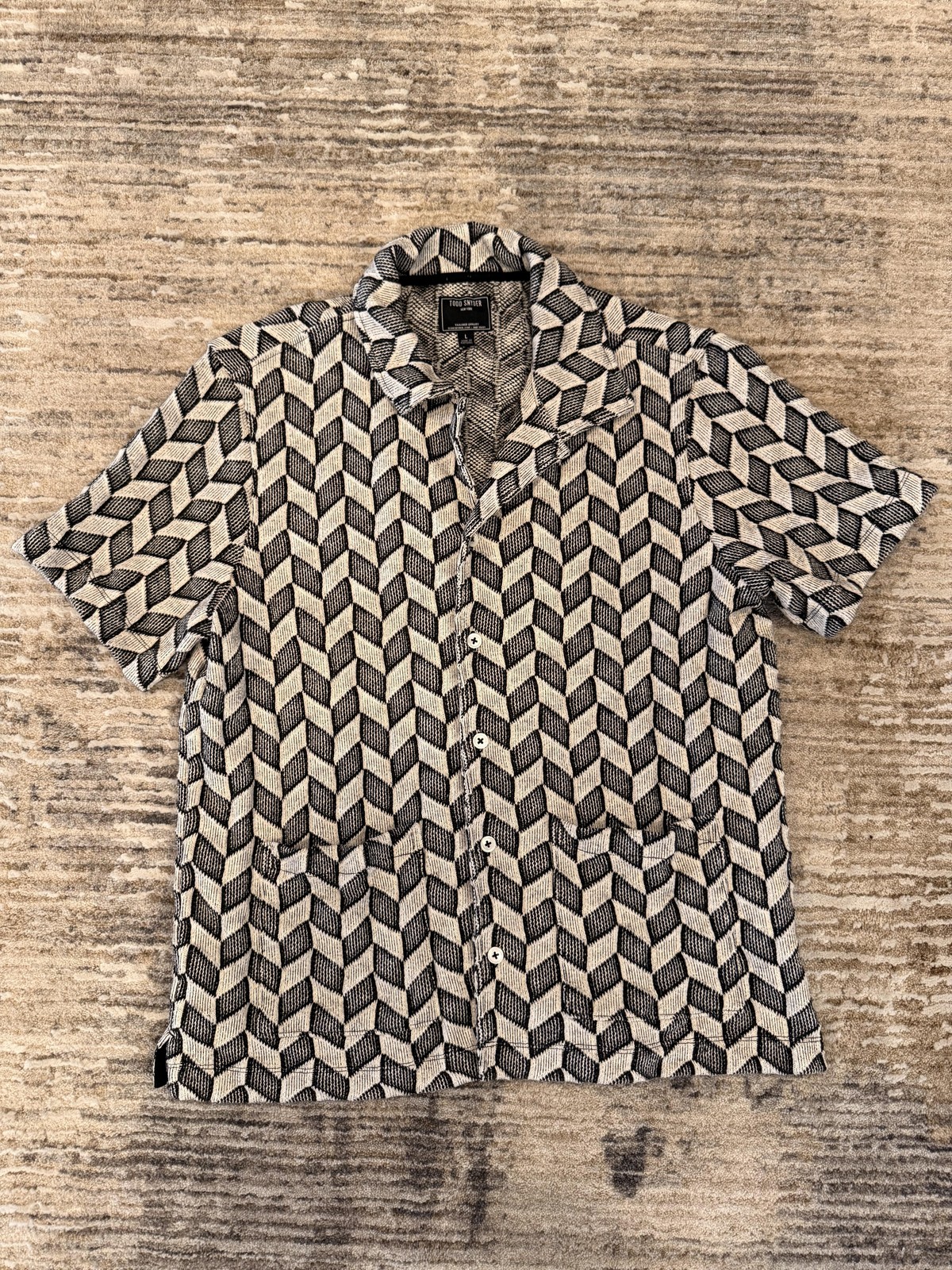 Todd Snyder Shirt Mens Large Black Geometric Knit Button Up Short Sleeve Pockets