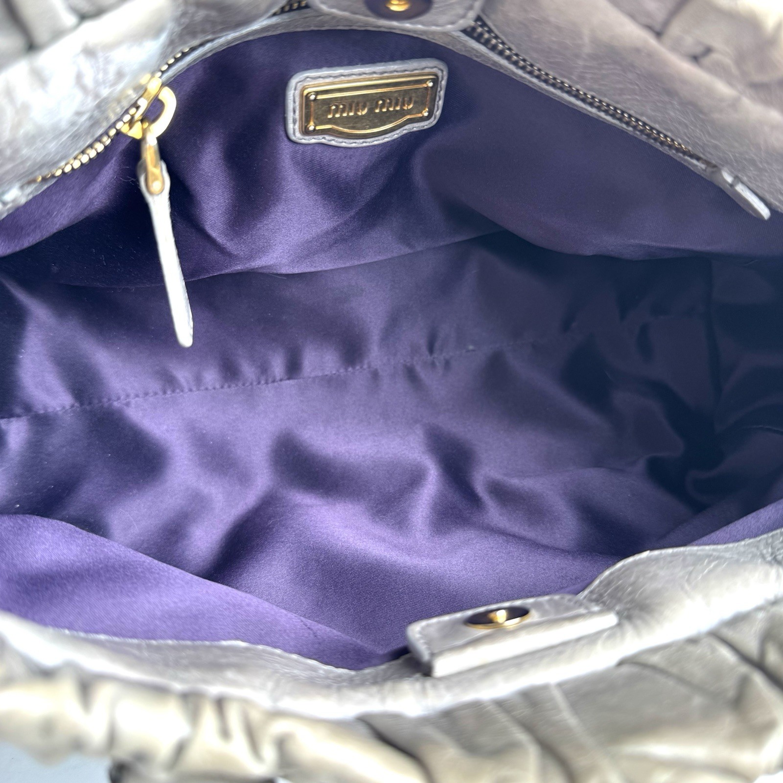 Miu Miu Vitello Lux 2Way Handbag Shoulder Bag Gray Greige Leather Auth Y2K e107