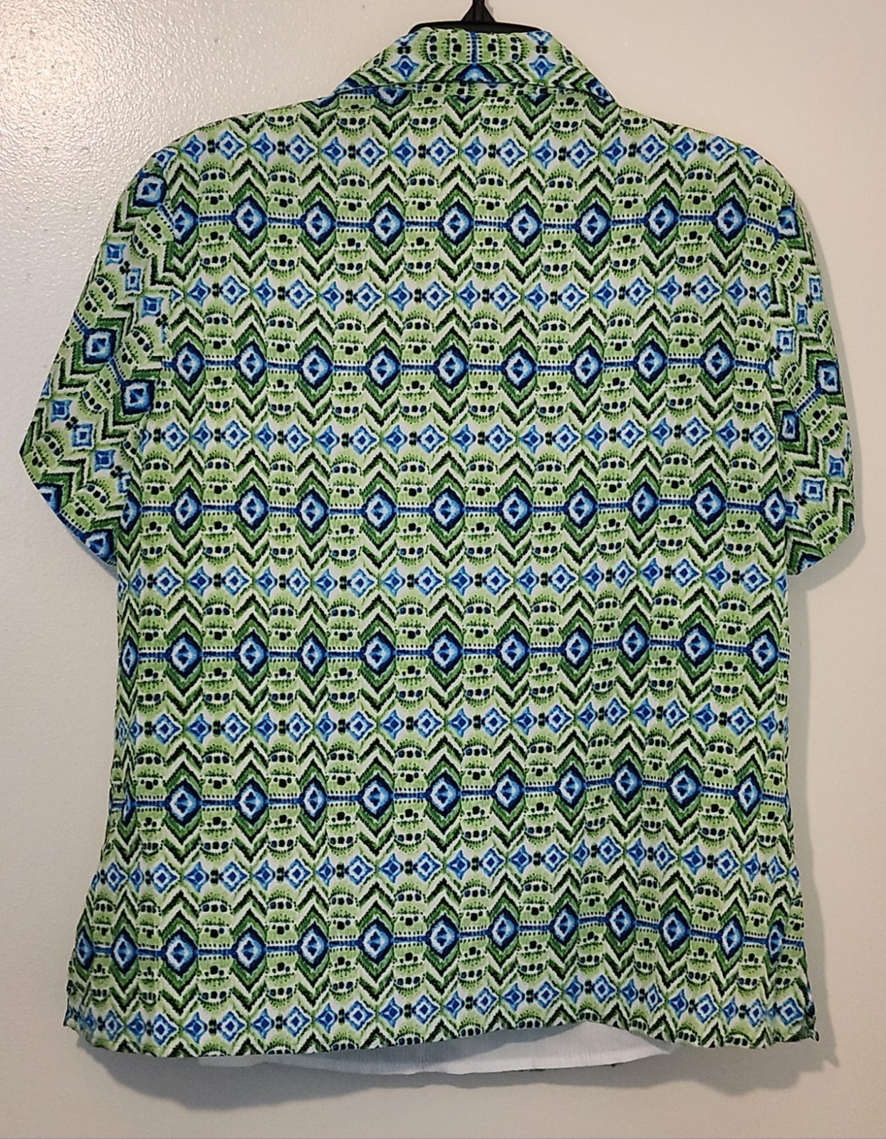 Kim Rogers Signature Blouse Size 1X Green And Blue Button Up Front Short Sleeve