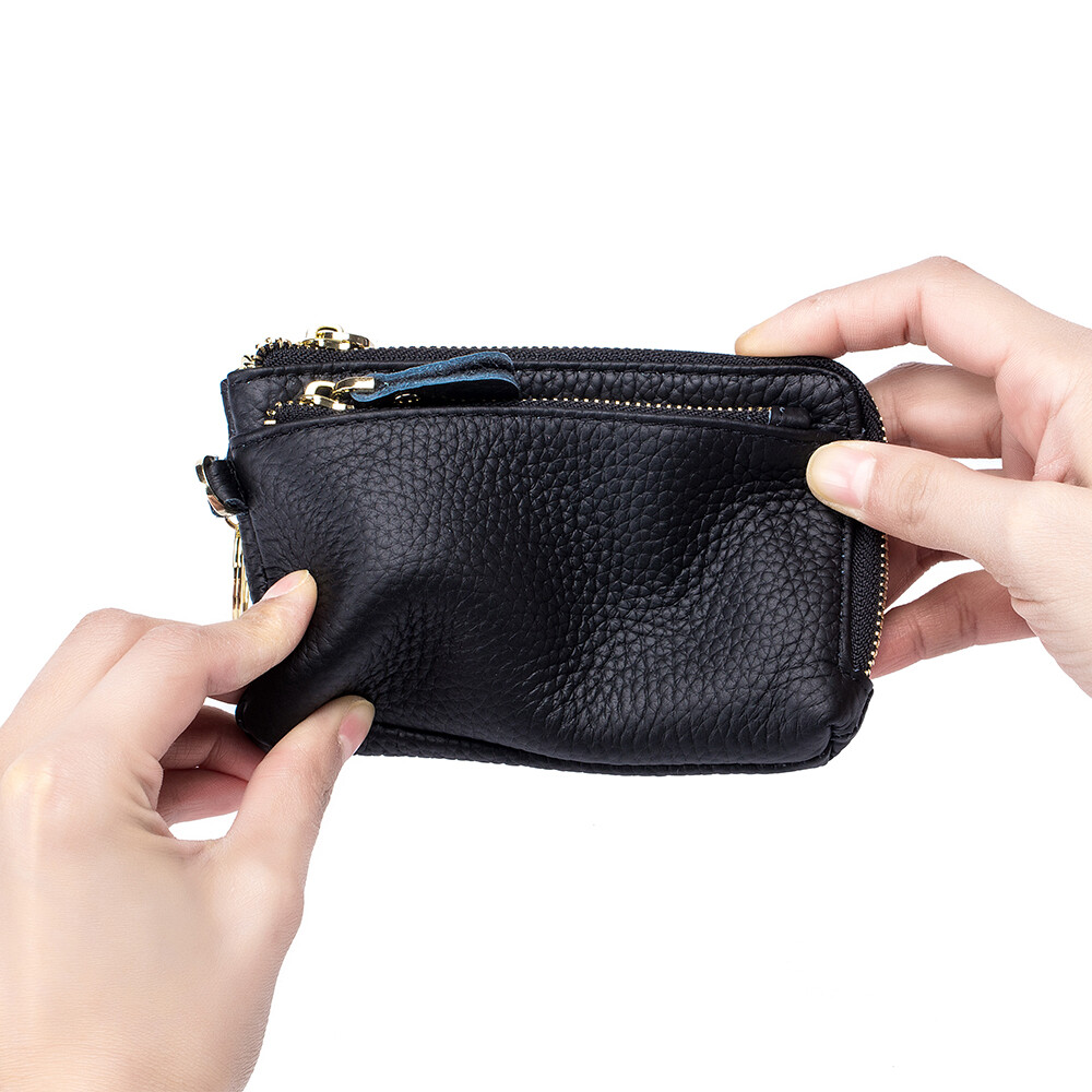 Soft Real Leather Coin Purse for Women Wristlet Mini Pouch Wallet with Keychain