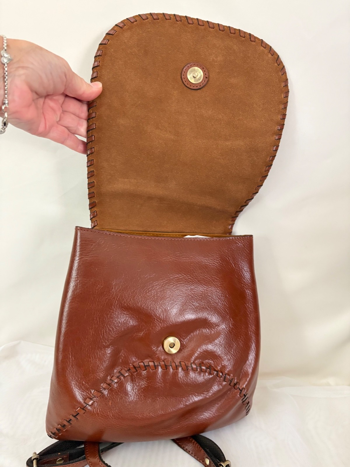 Patricia Nash Leather Backpack KIMINA Cognac Whip Stitching Flap Top Handle NWT