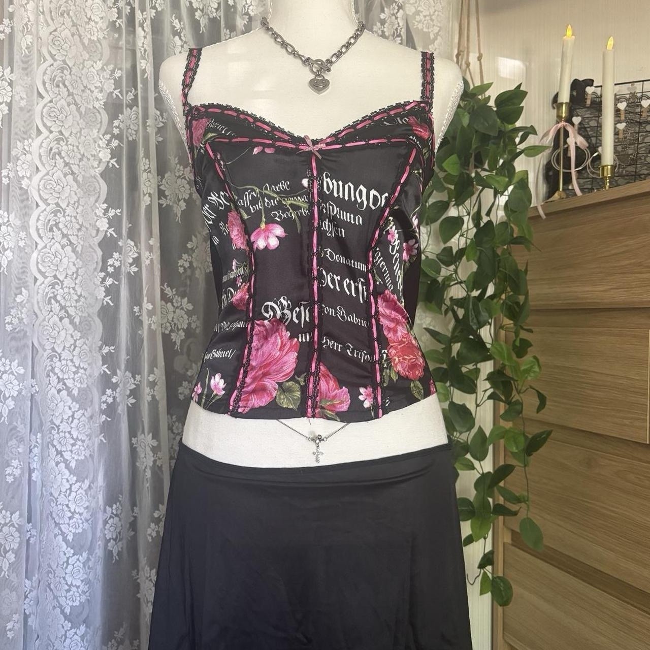 Morgan De Toi Corset Bustier Top Black Pink Floral Lace Ribbon Adjustable M