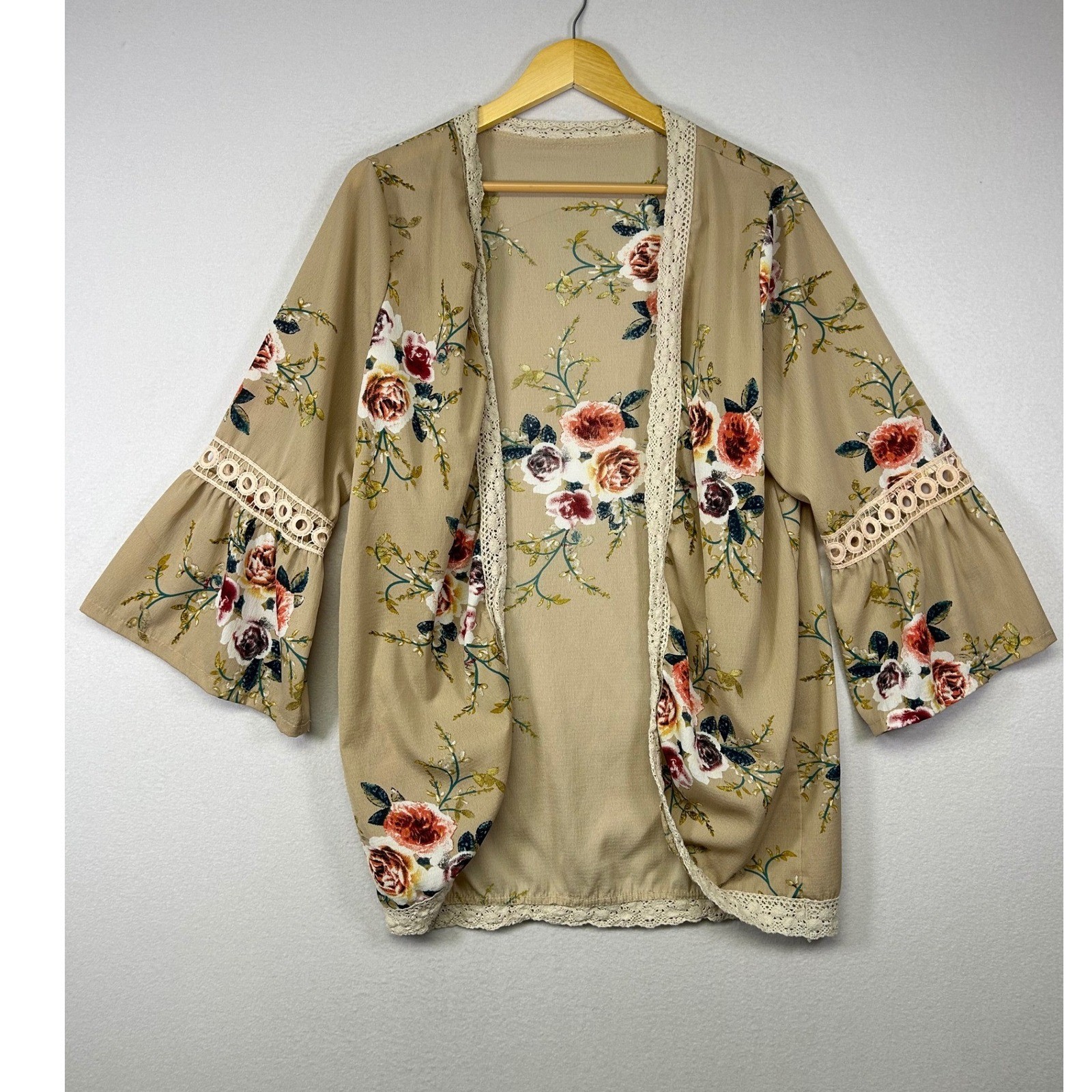 Boho Floral Unbranded Women L Tan Crochet Lace Trim Bell Sleeve Kimono Cardigan