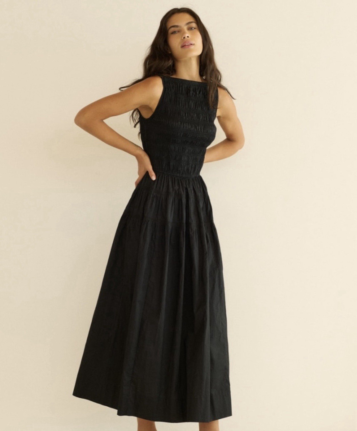 DÔEN “Melie” Black Smocked Boat Neck Sleeveless A-Line Midi Dress L Cotton NWT
