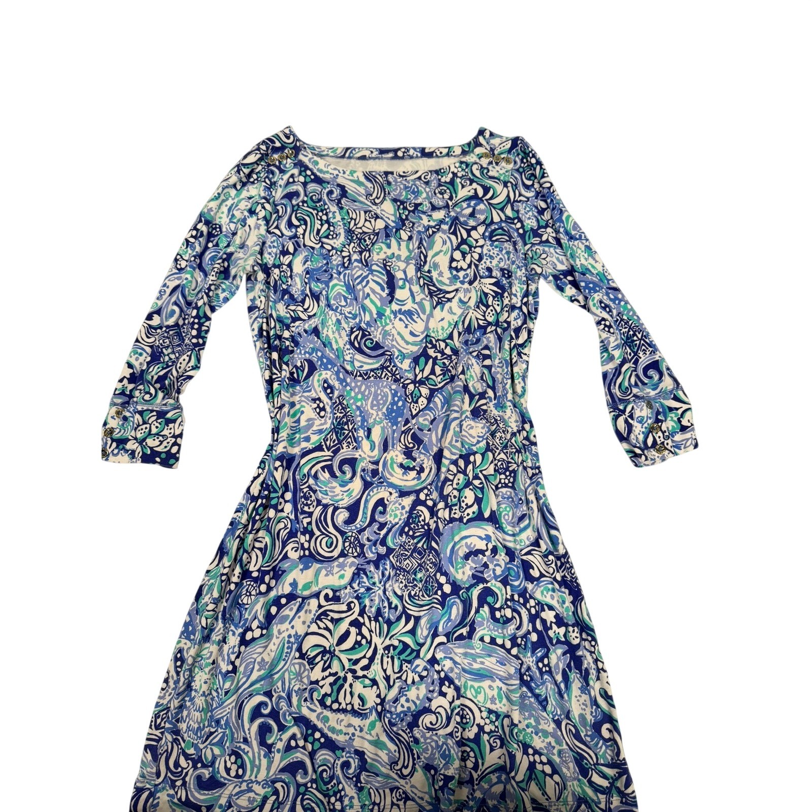 Lilly Pulitzer Sophie Dress M Royal Zoo Print UPF 50+ 3/4 Sleeve Shift Dress