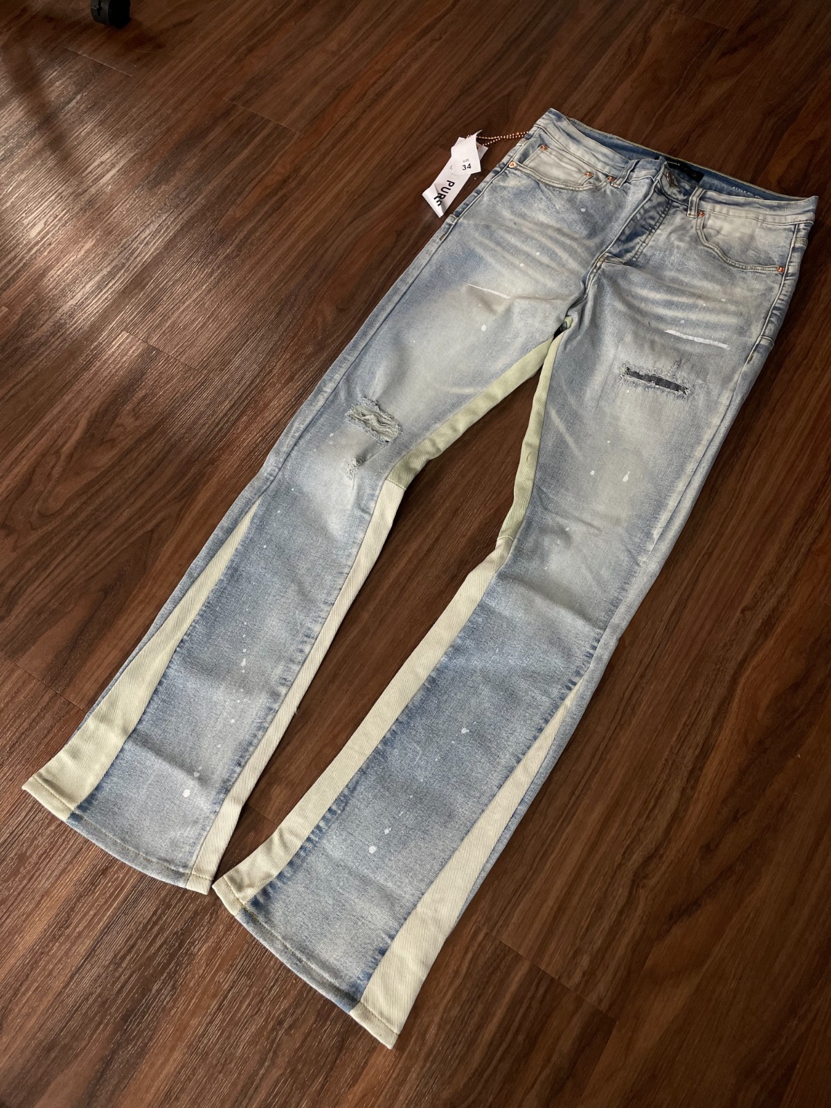 purple Brand Light Blue Wash Panel Distressed Flared Fit Denim