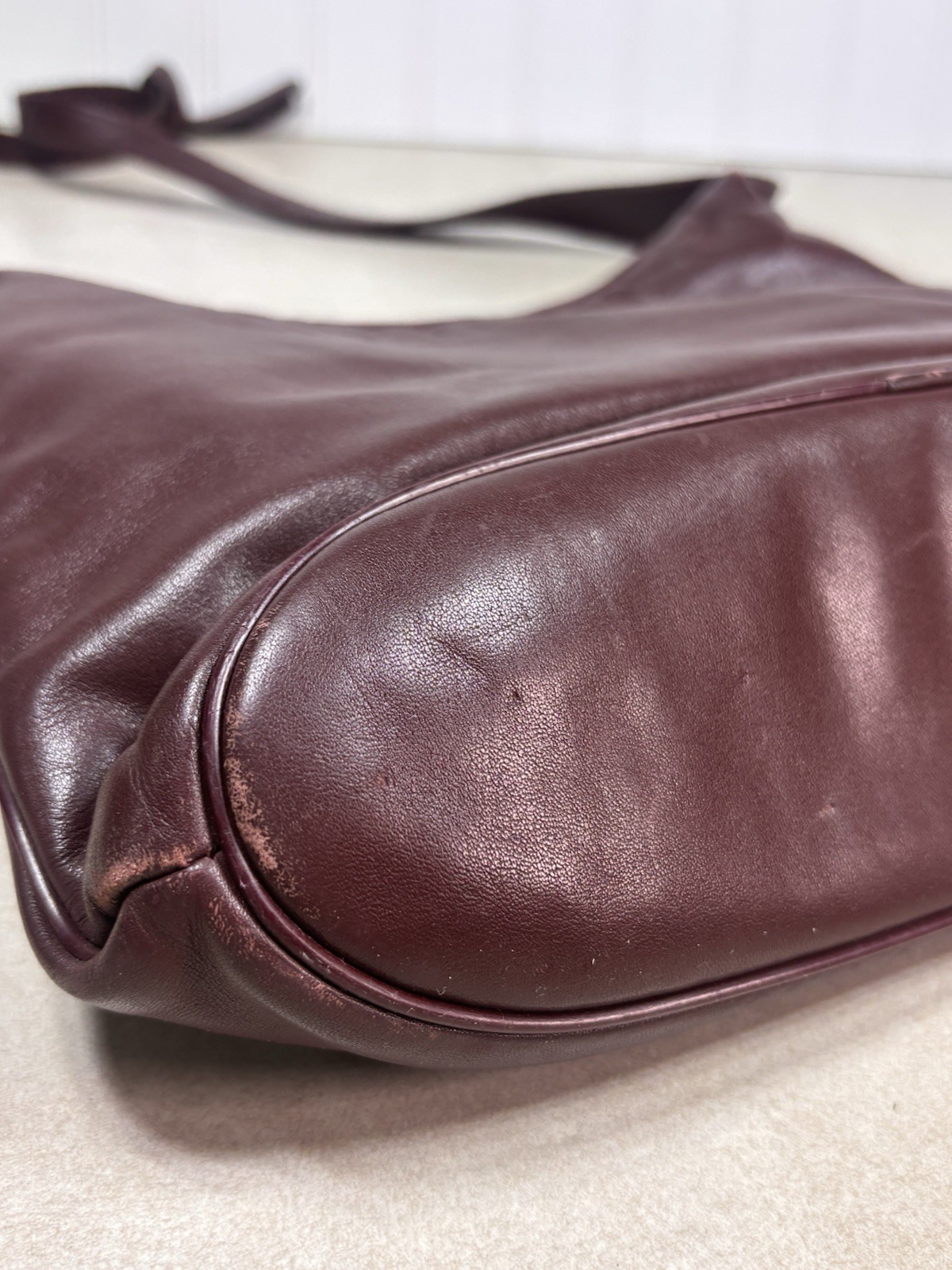 1980s Etienne Aigner Oxblood Leather Knotted Hobo Bag Curved Scoop Purse