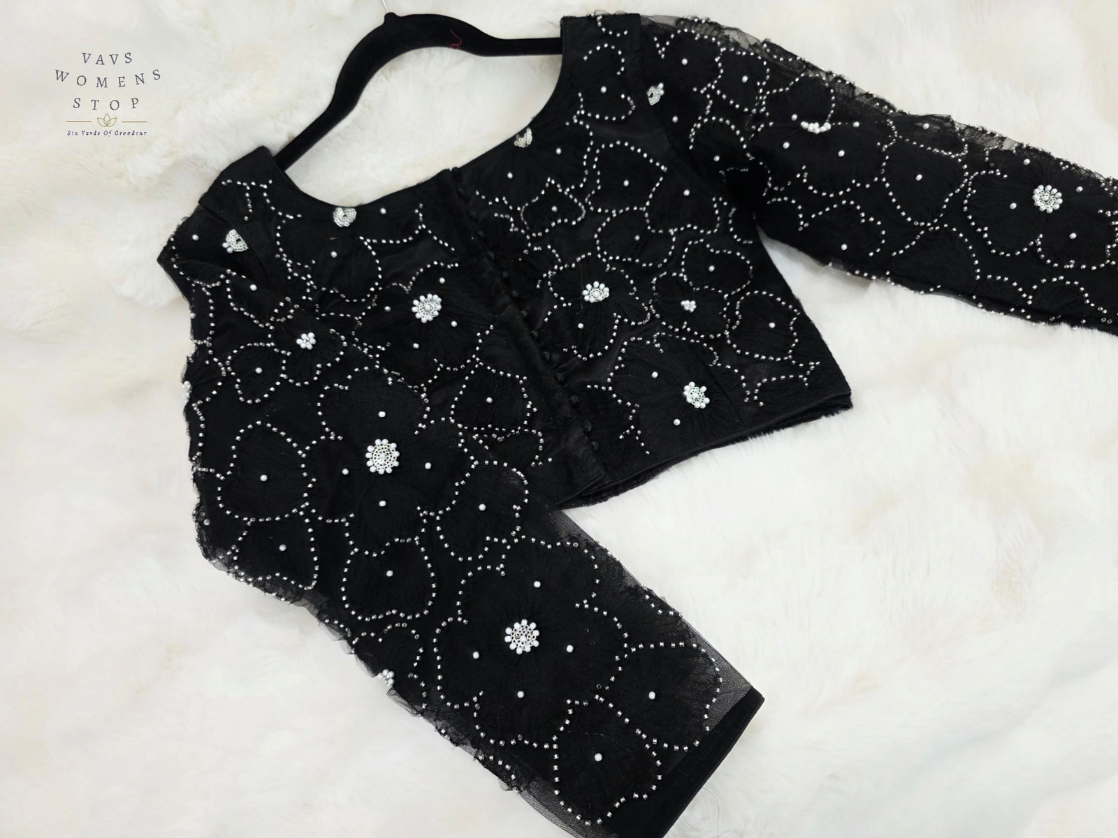 Midnight Onyx Black Designer Net Crystal Work Blouse Full Sleeves 36-42
