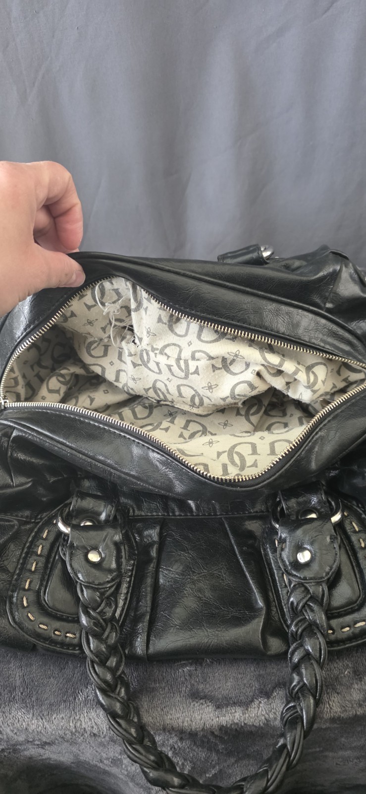 GUESS Black Logo Satchel Top Handle Bag Studded Silver Hardware Zip Closure