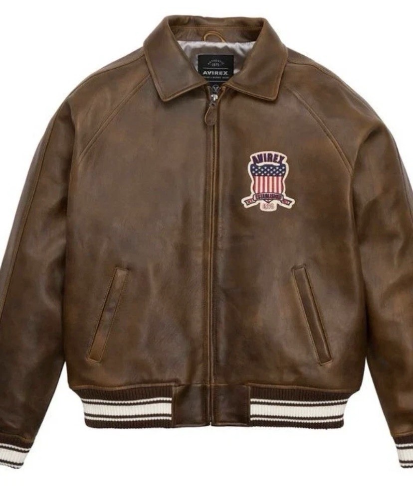 Avirex Men’s Real Leather Jacket Flight Bomber American Brown Varsity Jacket