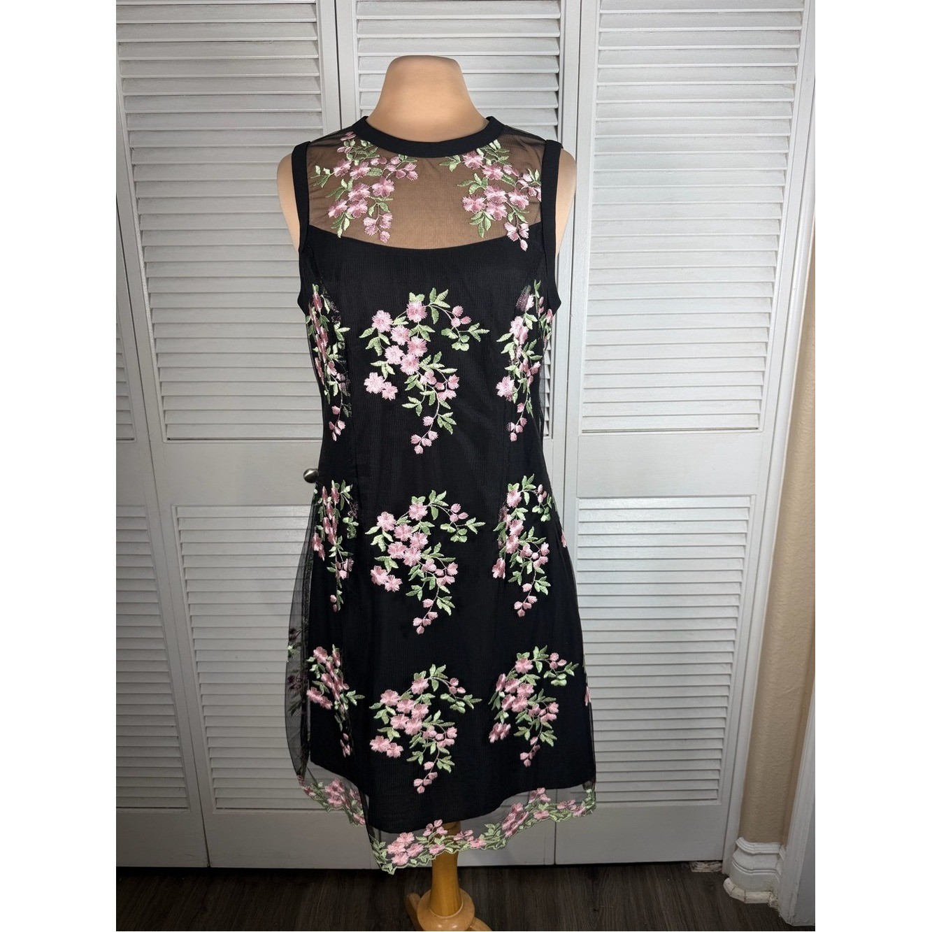 Nanette Lepore Black Floral Embroidered Mesh Midi Dress Pink Blossoms Size 12
