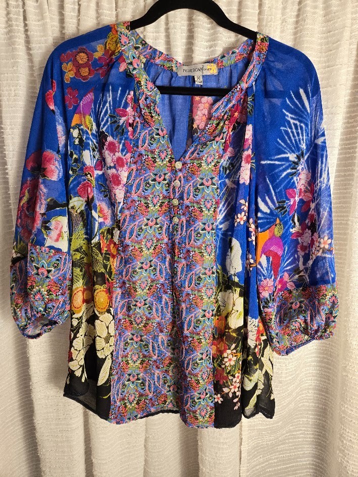 Anthropologie Fig and Flower Boho Mixed Floral Bird Print Blouse Tunic MED 3/4