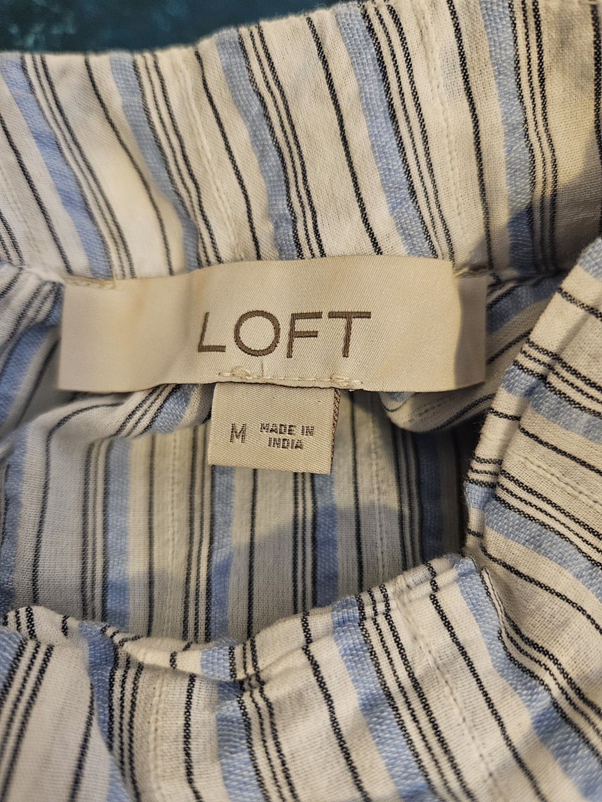 LOFT Blue & White Striped Ruffled Mock Neck Blouse