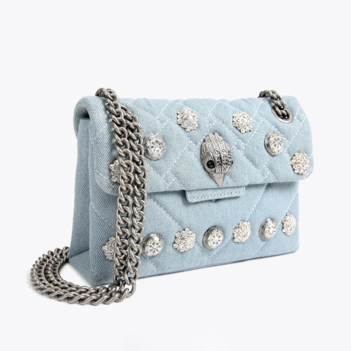 Kurt Geiger London Blue Denim Quilted Crossbody Silver Eagle Flower 20×8×15 cm