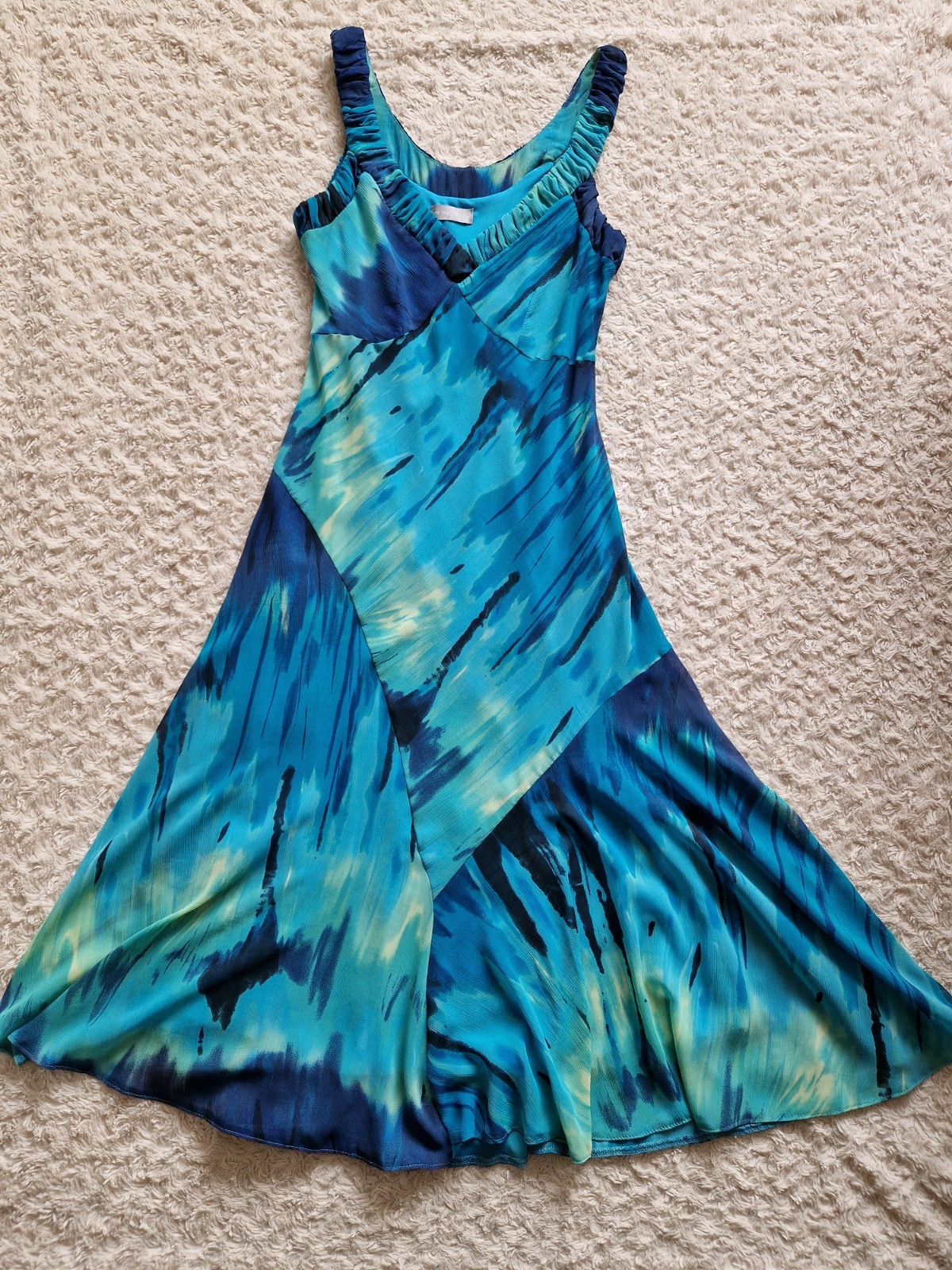 Per Una Blue Aqua Watercolour Midi Dress UK 12 Floaty Fit & Flare Occasion